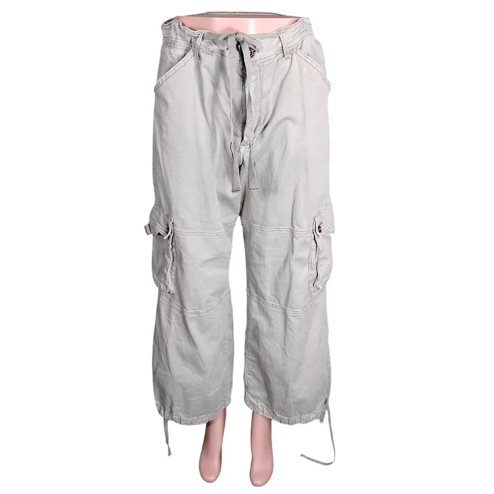 Anthro Pilcro Wide Legs Cargo Pants Size 32 P Waist Hems Drawstring Multi Pocket - Picture 3 of 16